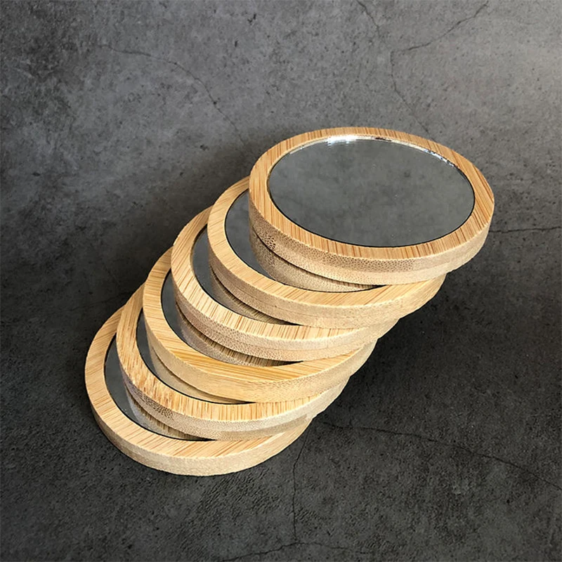 10 Pcs Wood Mini Makeup Mirrors Small Round Mirror Round Glass Small Round Pocket Mirror Portable Women's Hand Mirrors