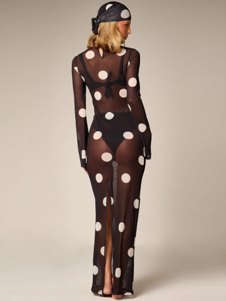 Sisterlinda Frau Sexy durchsichtiges Kleid + Kopftuch mit Polka-Dot-Print, O-Ausschnitt, volle Ärmel, Robe, Mitternachtsclub-Party, modische Kleider – Detail 14