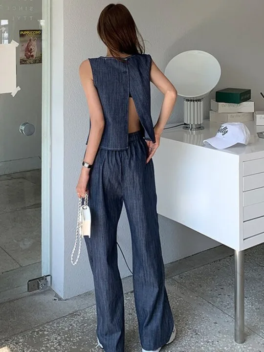 

Ele High Waist Wide Leg Pants Set Women's Faion Design Ba Slit Top plus Dstring Commute Sle Color Summer 2025