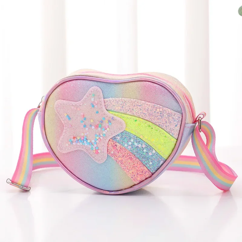 Girls Heart Shape Mini Bag Rainbow Glitter Waist Bag New Kid Shoulder Bag Cartoon Rainbow Sequin Bags Toddler Princess Purse