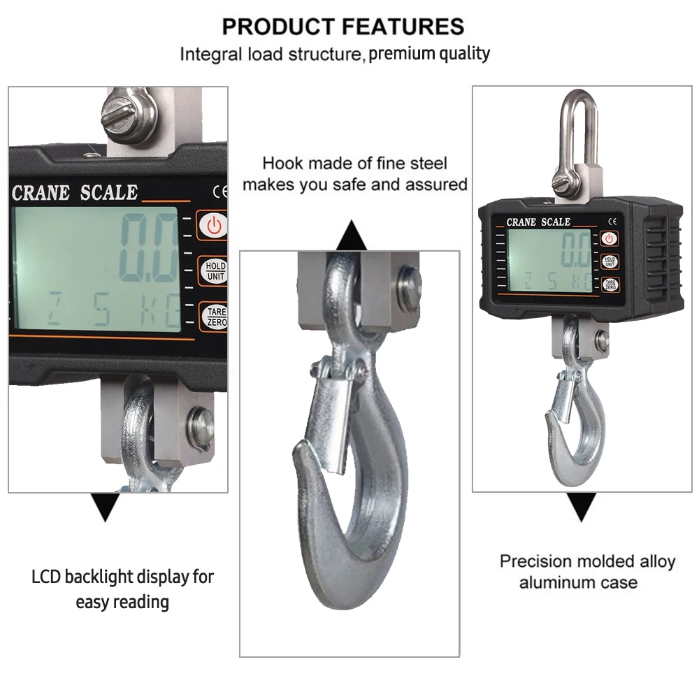 Digital Hanging Scale 1000kg/ 2204lbs Portable Heavy Duty Crane Scale LCD Backlight Industrial Hook Scales Unit Change/Data Hold