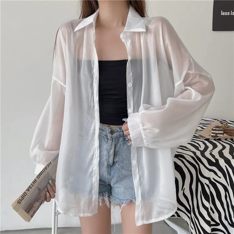 Xpqbb Women's White Chiffon Shirt Sheer Thin Long Sleeve Sun Protection Blouse Woman Casual Loose Simple Single-breasted Shirts