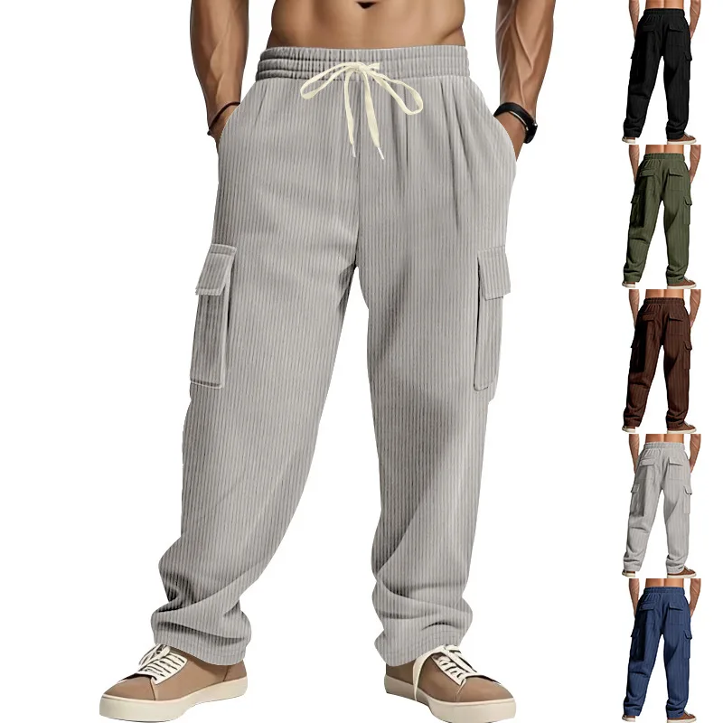 

Men American Retro Corduroy Cargo Pants Multi Pockets Loose Wide Leg Casual Long Trousers Daily Streetwear Bottoms