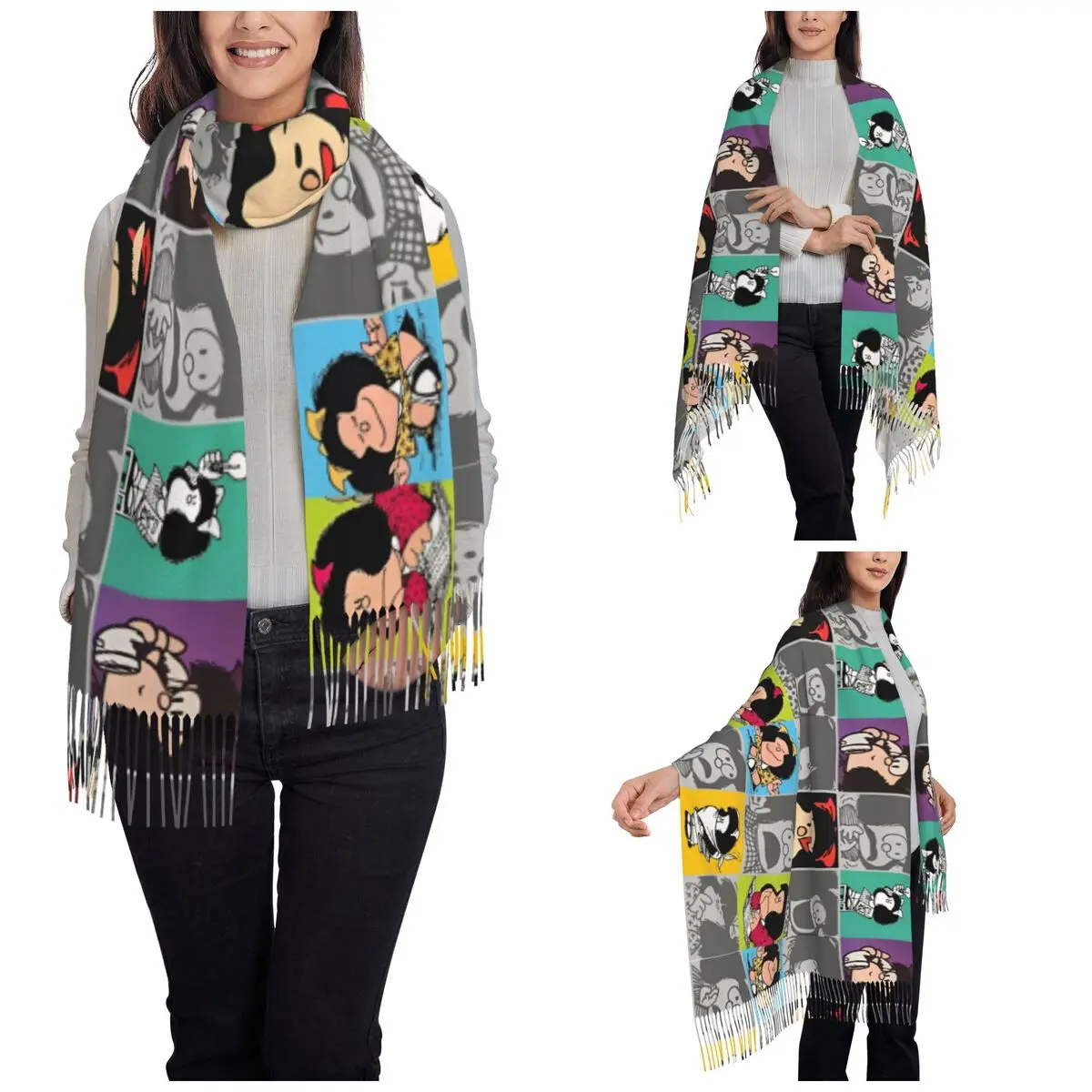 Mafalda Anime Cute Cartoon Shawl Wraps for Ladies Warm Large Soft Scarf Manga Comic Pashmina Shawl Scarves