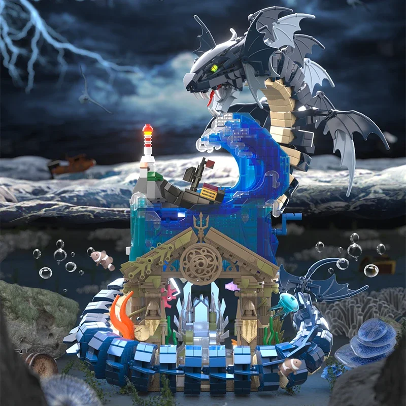 

Leviathan's Rage Dragon Flying Building Blocks Underwater Dragon Monsters Model Dragon Soars Decorative ornaments Puzzle Toy