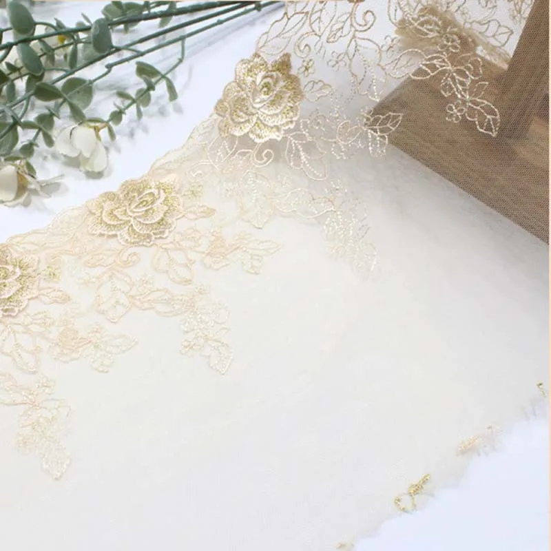 

42Yards Flowers Mesh Embroidery Lace Trim Gold Threads Fabric Handmade DIY Needlework, Sewing Doll Dress, Clothing Material