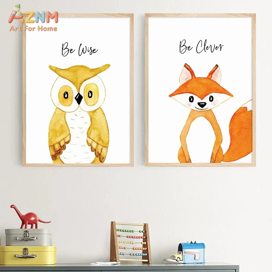 AZNM Watercolor Cute Owl Fox Canvas Wall Art Be Wise Be Clever Inspirational Quote Woodland Animal Nursery Kids Room Aesthetic U