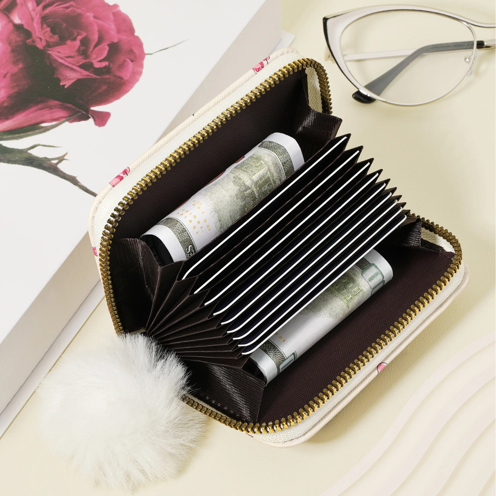 محفظة بطاقات ائتمان نسائية عصرية جديدة، مزينة بوم بوم رقيقة، محفظة للعملات المعدنية بسحاب، غطاء سحاب نسائي #5