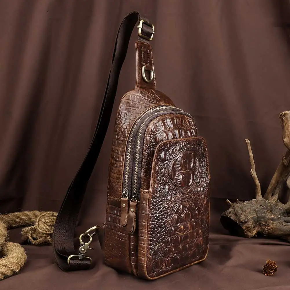 HUMERPAUL Crocodile Pattern Chest Bag Men First Layer Leather Classic Crossbody Bag Retro Mobile Phone Bag for Outdoor