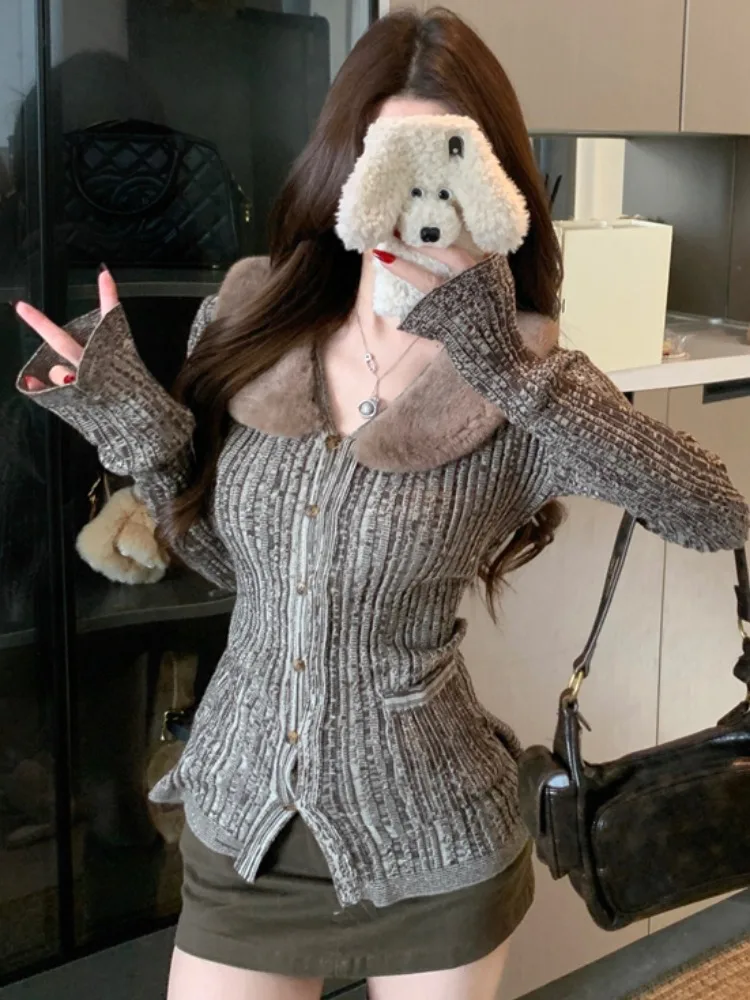 

Women's Long Sleeve Knitted Sweater Soft Cozy Faux Fur Collar Slim Fit V-Neck Open Cardigan Spring Autumn New Style High End ...