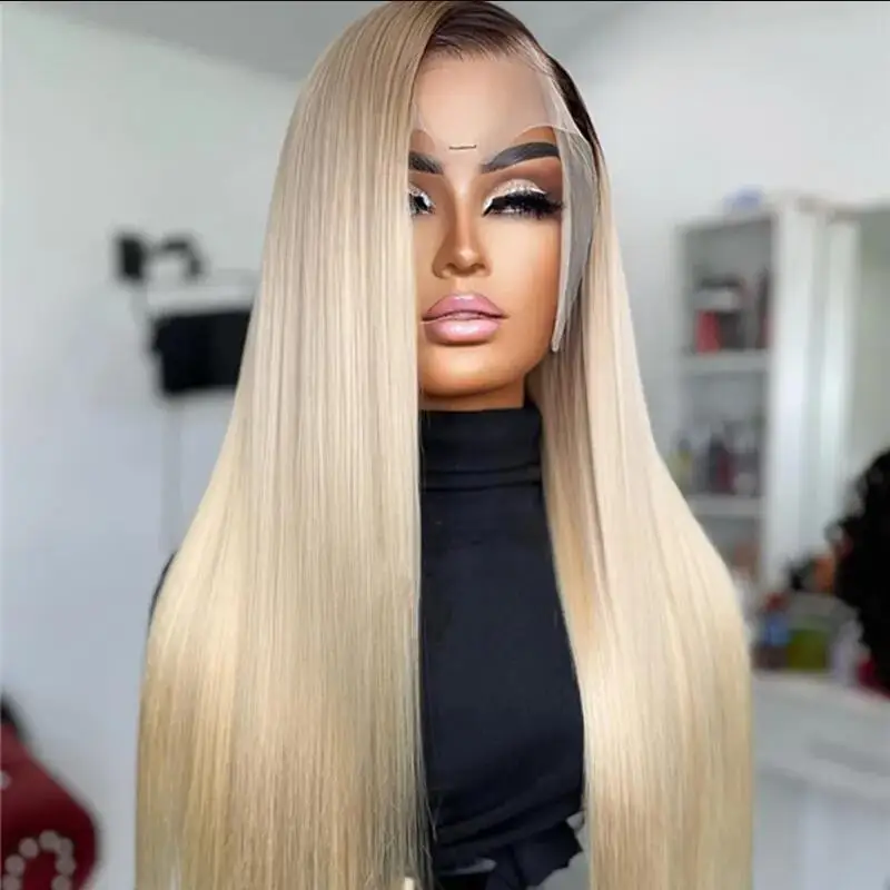 180% densità lunga morbida 26 "Ombre bionda parrucca anteriore in pizzo diritto serico per donne nere BabyHair Glueless prepizzicato resistente al calore