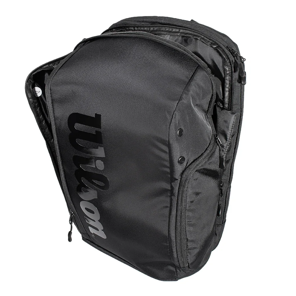 Saco de tênis Wilson Black Pro Staff Super Tour Team, mochila de raquete para 2 raquetes, isolamento de compartidos, V13