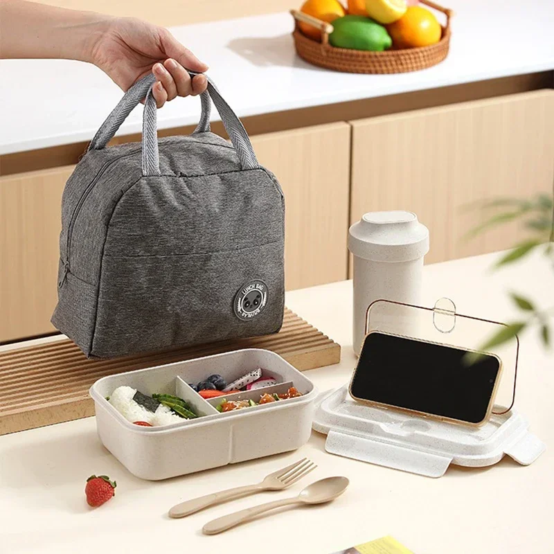 

Portable Lunch Box Water Cup Soup Bowl Microwavable Bento Box with Fork and Spoon Wheat Straw Tableware Office Picnic Cutlery