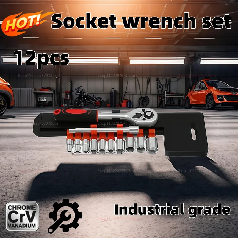 12 Piece Automotive Socket Set with 1/4 Ratchet Wrench Hexagon Maintenance Tools Compact Repair Kit for Car Motorcycle