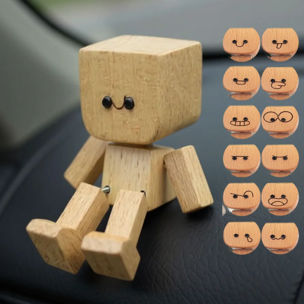 شكل خشبي ساحر مع زخارف منفذ هواء لوحة قيادة السيارة ذات الساق الربيعية مع 12 تعبيرًا مغناطيسيًا للوجه لديكورات المنزل #1