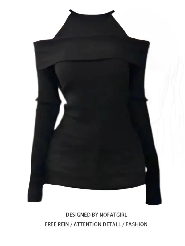 

Женский вязаный топ больших размеров на одно плечо, облегающий, черный, модный, в корейском стиле, для повседневной носки, с длинным рукавом, круглым вырезом, из чистого хлопка.