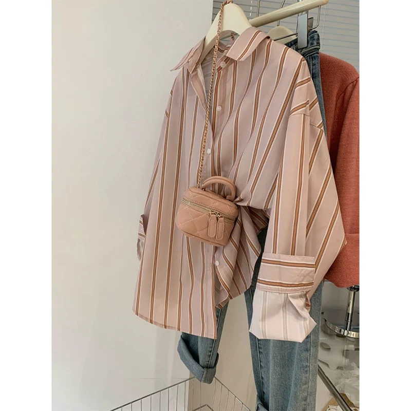 2023 Spring New POLO Collar Long Sleeve Shirt Women Vertical Stripe Single Breasted Cardigan Female Fashion Loose All-match Tops