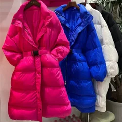 Gürtel Daunen jacke Frauen lange Winter weiße Ente Daunen Mode losen Mantel Frauen