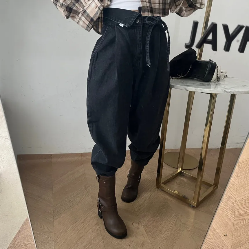 

Spring 2026 Chic Vintage High Waist Loose Straight Casual Denim Pants Women's Long Trousers Asymmetrical Knot Design Elegant
