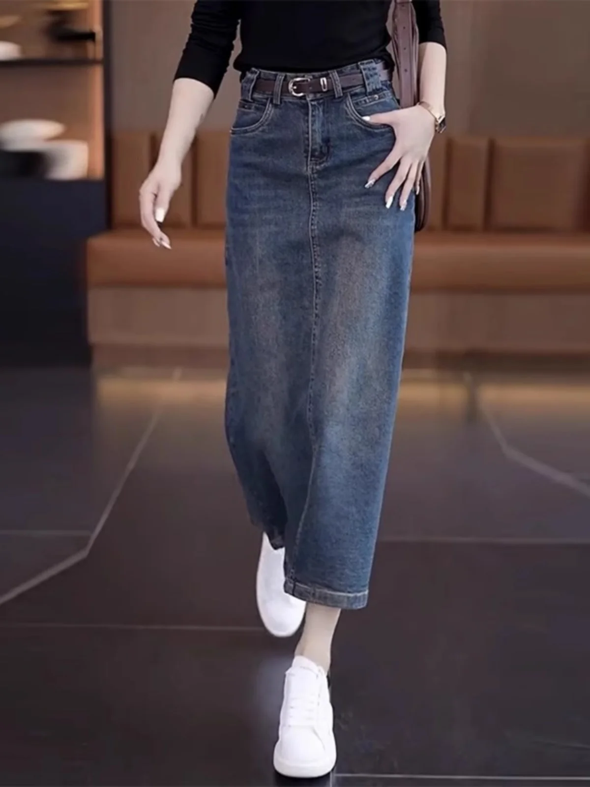 

Fashionable High Waist Midi Denim Skirt Women's Spring Autumn Slimming Skirt Commute Style Pure Color Other Material 100%