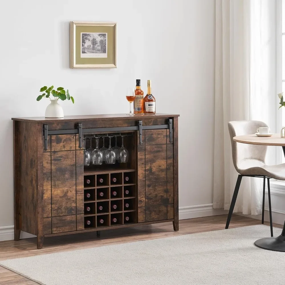 

47" Coffee Bar Cabinet w/16 Wine & Glass Rack, Storage Shelves Farmhouse Wine Bar Cabinet w/Sliding Barn Door Rustic Large