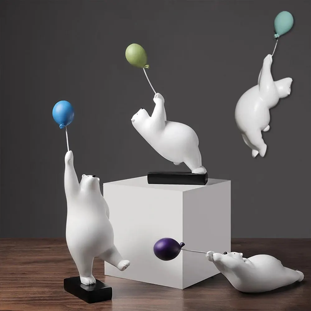 Resin Creative Balloon Polar Bear Home Decor Decoration Room Figurines For Interior Desk Accessories Kawaii Statue Sculptures