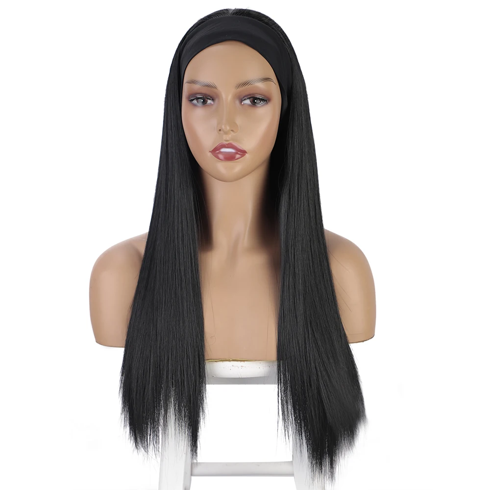 African American Ice Ribbon Bandana Wigs Women Long Straight Hair 24 Inches Black High Quality Synthetic Wig Women Cosplay Party