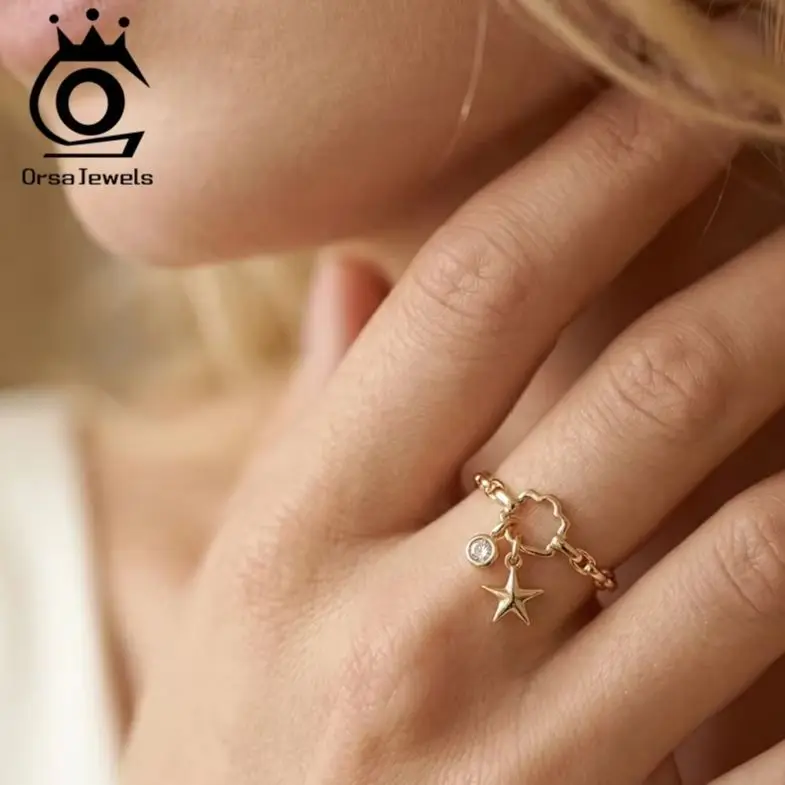 

ORSA JEWELS Real 925 Sterling Silver Zircon Star Pendant Open Rings for Women Casual Fine Jewelry Accessories Gift APR48