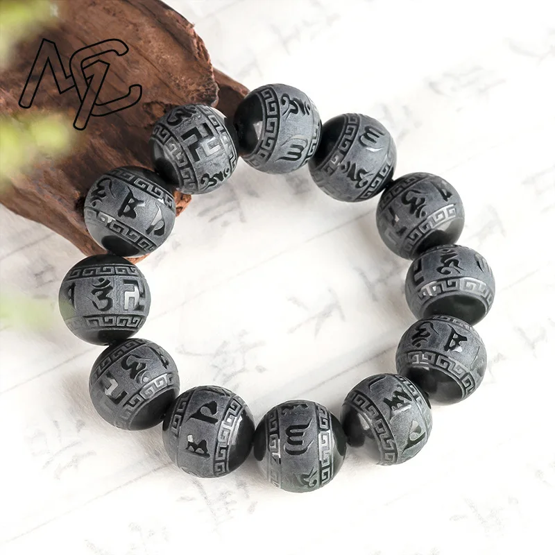 

Natural Real Hotan Ink Jade Six Character Mantra Beads Bracelet Charm Jewelry Designer Bangle Fashion Accessories Gift for Women