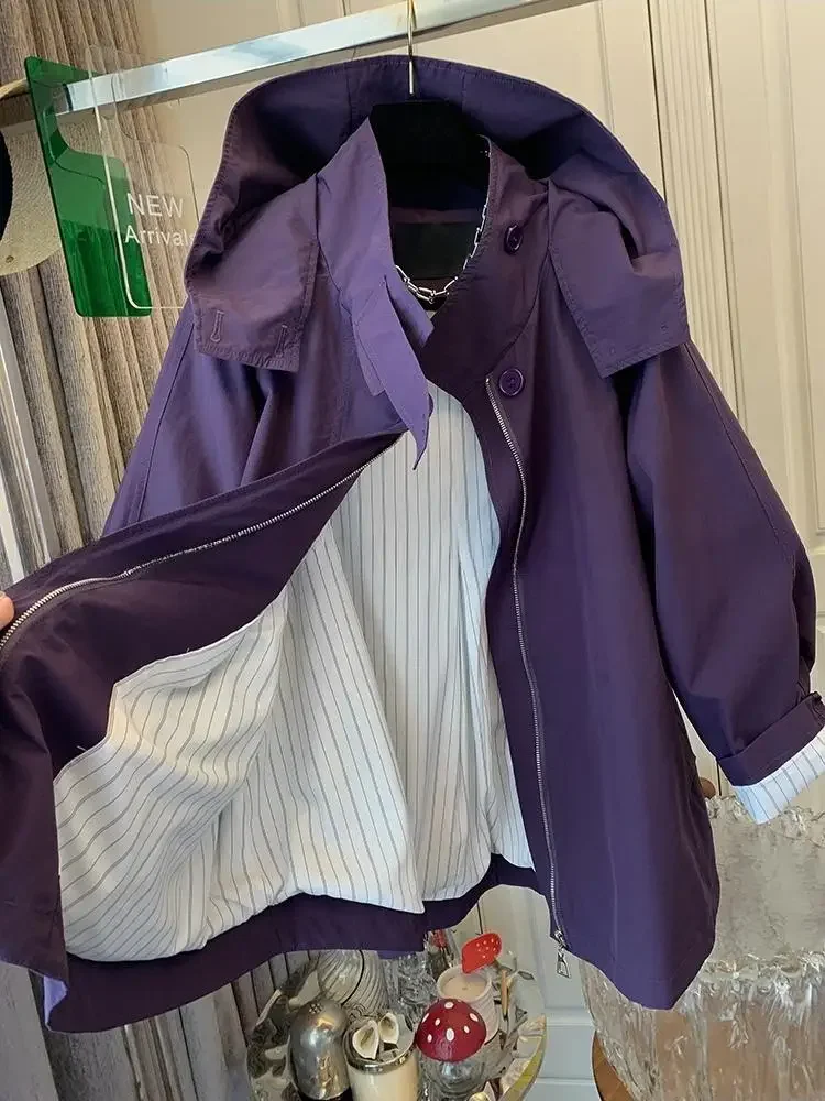 SuperAen Purple Casual Hooded Outdoor Jacket Coat 2024 Autumn New Korean Style Oversize Temperament Fashion Loose Waist Coats