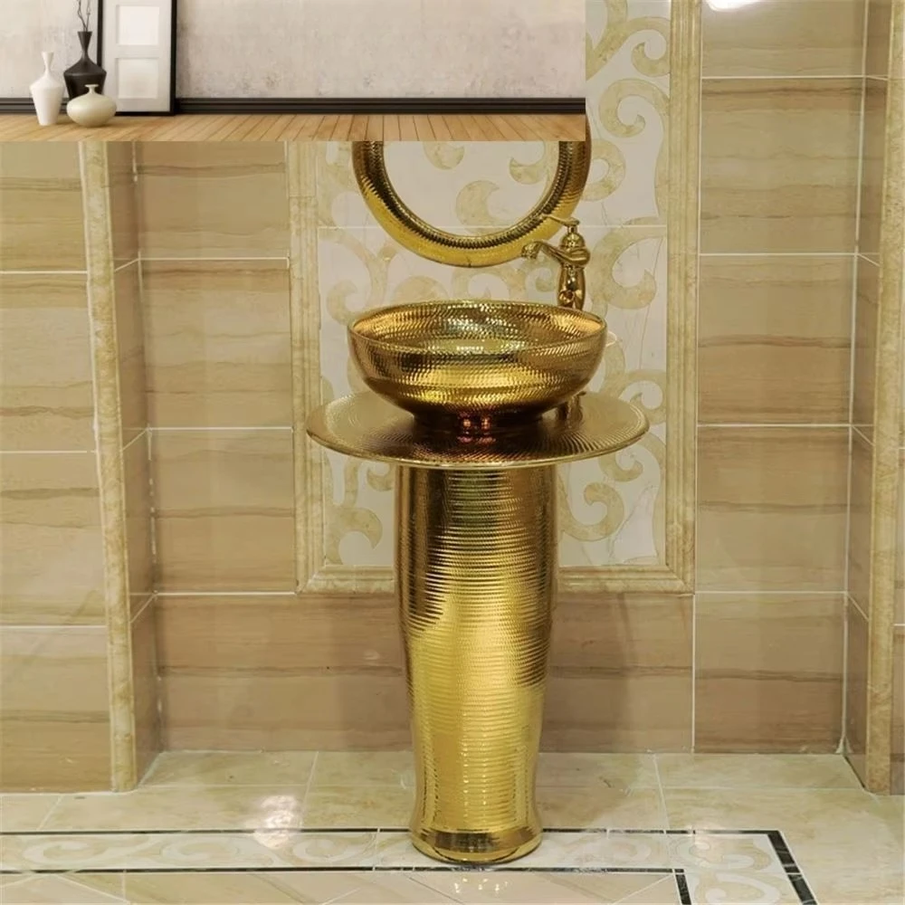 Luxury Golden Color Bathrooms Sink Porcelain Sinks Home Decoration Ceramic Gold Color Standing Vanity with Mirror