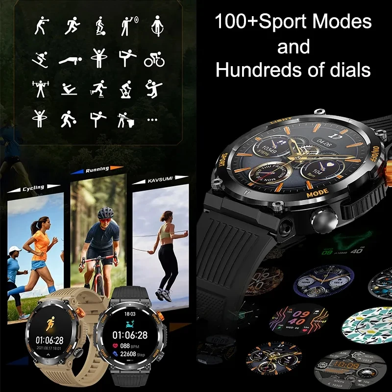 Montre connectée militaire pour homme, moniteur d'activité physique, boussole, fréquence cardiaque, étanche IP67, appel Bluetooth, horloge de sport, batterie 450 mAh