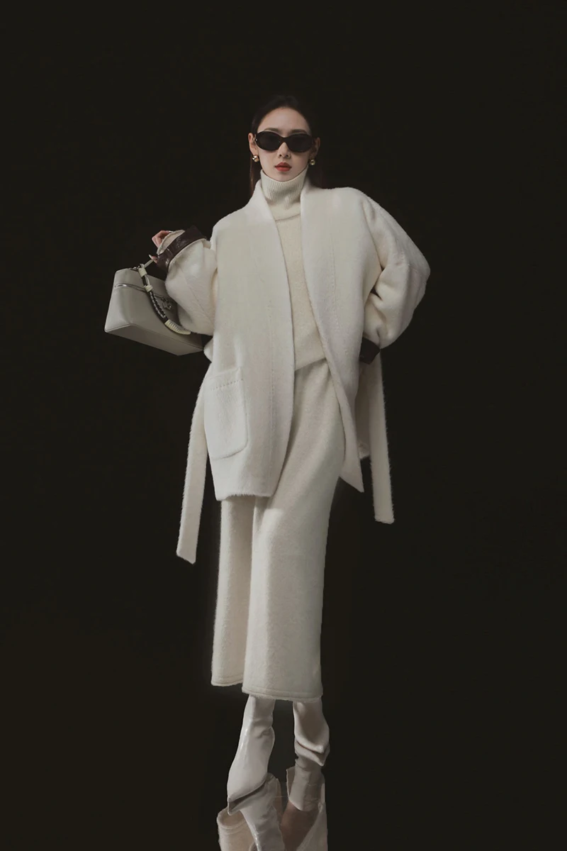 Autumn Winter Double Face Alpaca Women's Coat Black Wool Coat Temperament Noble Luxury Casual Warm Comfortable Women's Clothing