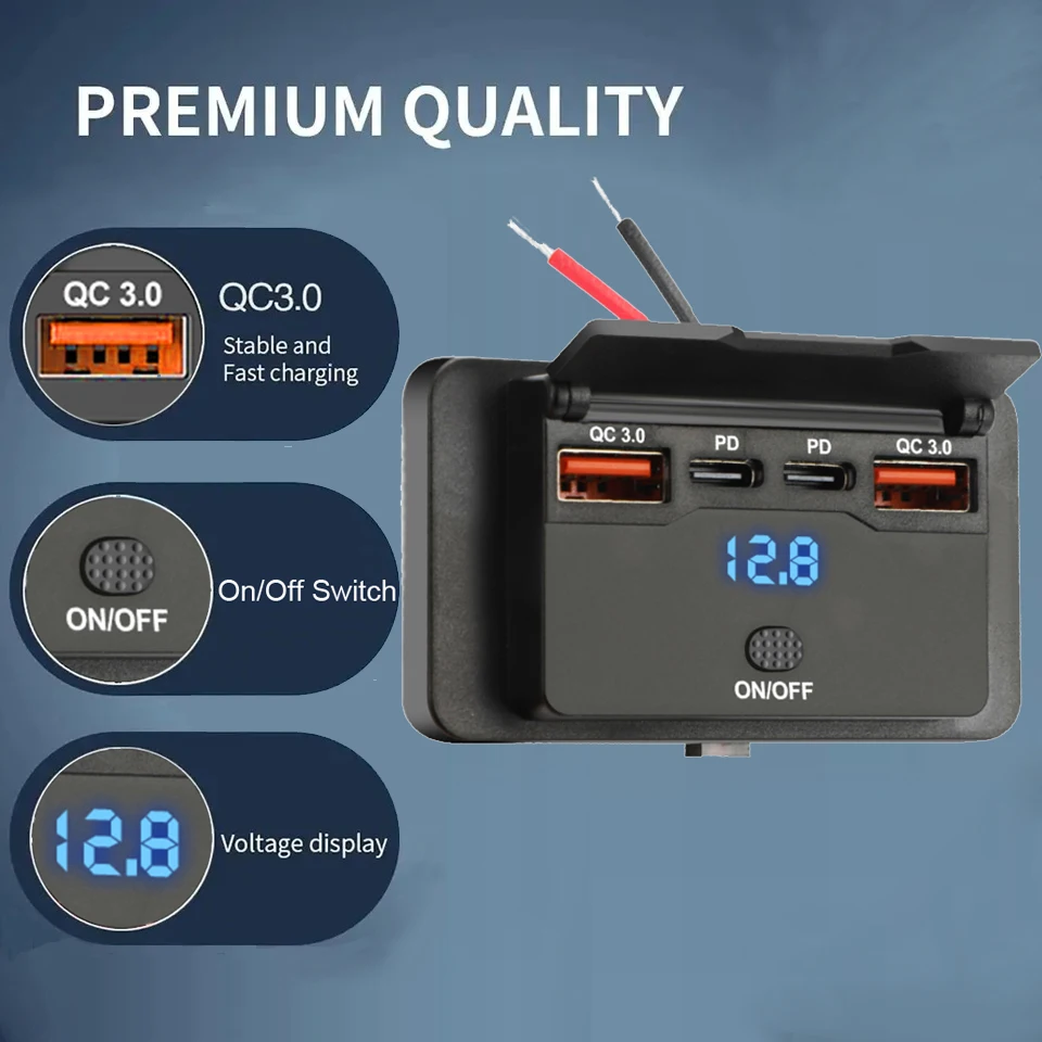 

Dual PD Dual QC 3.0 USB Car Charger 12V RV USB Outlet Panel 108W Fast Charge Socket with Switch & Voltmeter for Boat Motorcycle