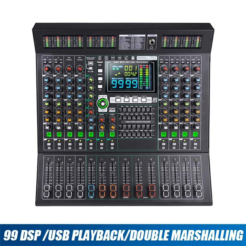 MD-10 10-Channel Professional Stage Mixer, 99 DSP Effects, USB, Wireless Connection, Independent EQ, Large LED Display, Ideal for Live Performances, Studio & Stage Users