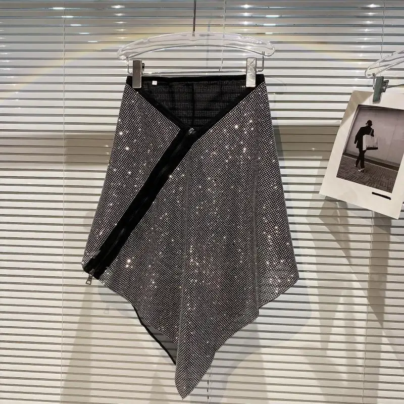 T-shirt et mini jupe asymétriques pour femmes, ensemble deux pièces, amincissant, à la mode, avec franges, diamant, nouvelle collection été 2022