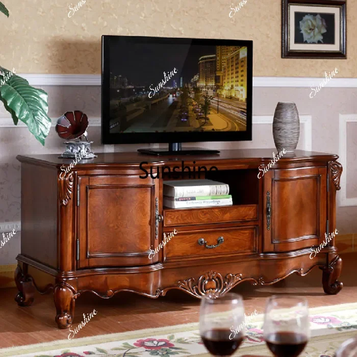 European solid wood TV cabinet living room retro carved TV cabinet household audio-visual cabinetTJ
