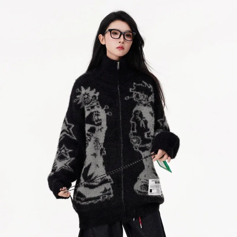 Japanese Autumn Atmosphere Cartoon Printing Personality Casual Abstract Jacquard Cardigan Sweater Loose Knitted Jacket Women