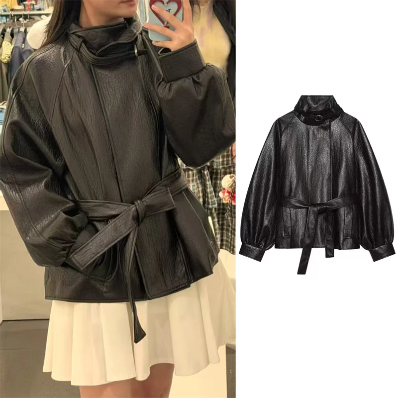 Guobioziy Women's Jacket 2026 Fall New Arrival Long-Sleeve Faux Leather Belt Motorcycle Loose Jacket Parka Stylish and Trendy