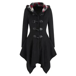 Dressfo 2024 Fashion Womens Black Coat Tops Hooded Horn Toggle Hanky Hem Wool Blend Coat Winter Coats