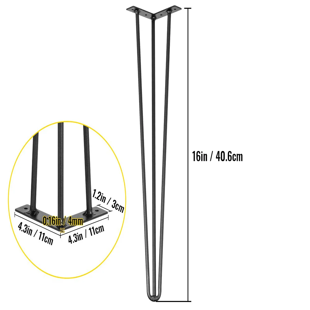 Ножки стола-шпильки, 16 дюймов, черные, набор из 4 ножек стола, вместимость 220 фунтов, ножки стола-шпильки, 3 стержня, ножки стола «сделай сам»