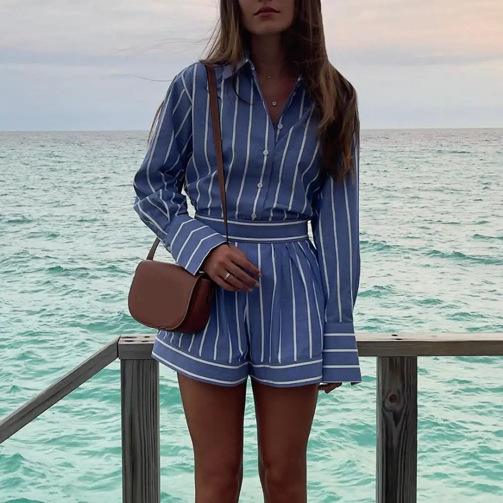 

Casual Striped Lapel Shirt 2 Piece Set for Woman Loose Long Sleeve Shirts Fashion Straight Short Pants 2024 Commuting Suit