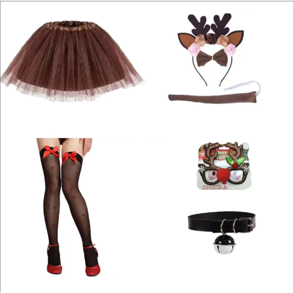 PESENAR Halloween Deer Cosplay Reindeer Costume Deer Antlers Headband Tail Nose Tutu Skirt Socks for Cosplay Party