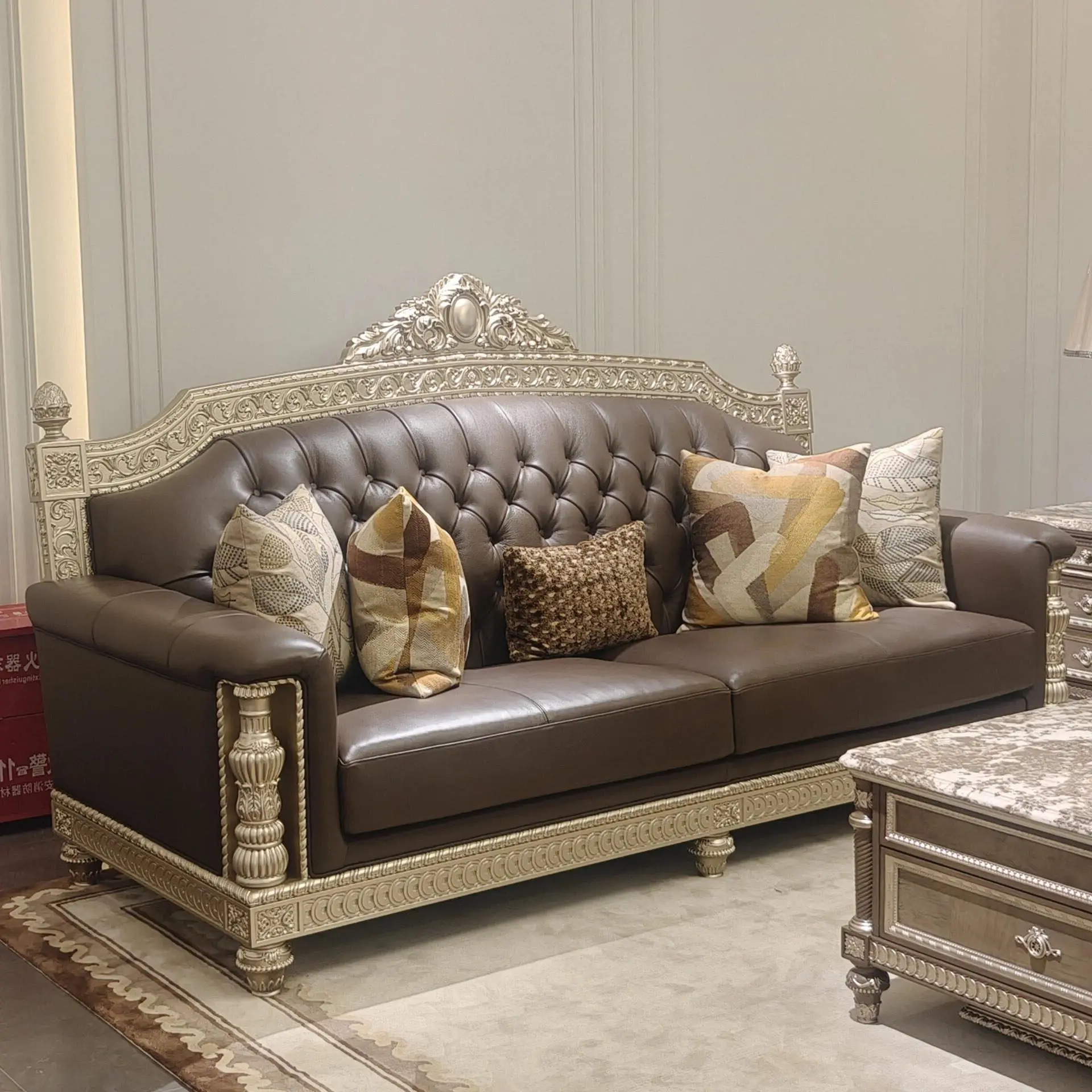 French English Style Solid Wood Carving Gold-painted Sofa Living Room Furniture Three-person Sofa Combination