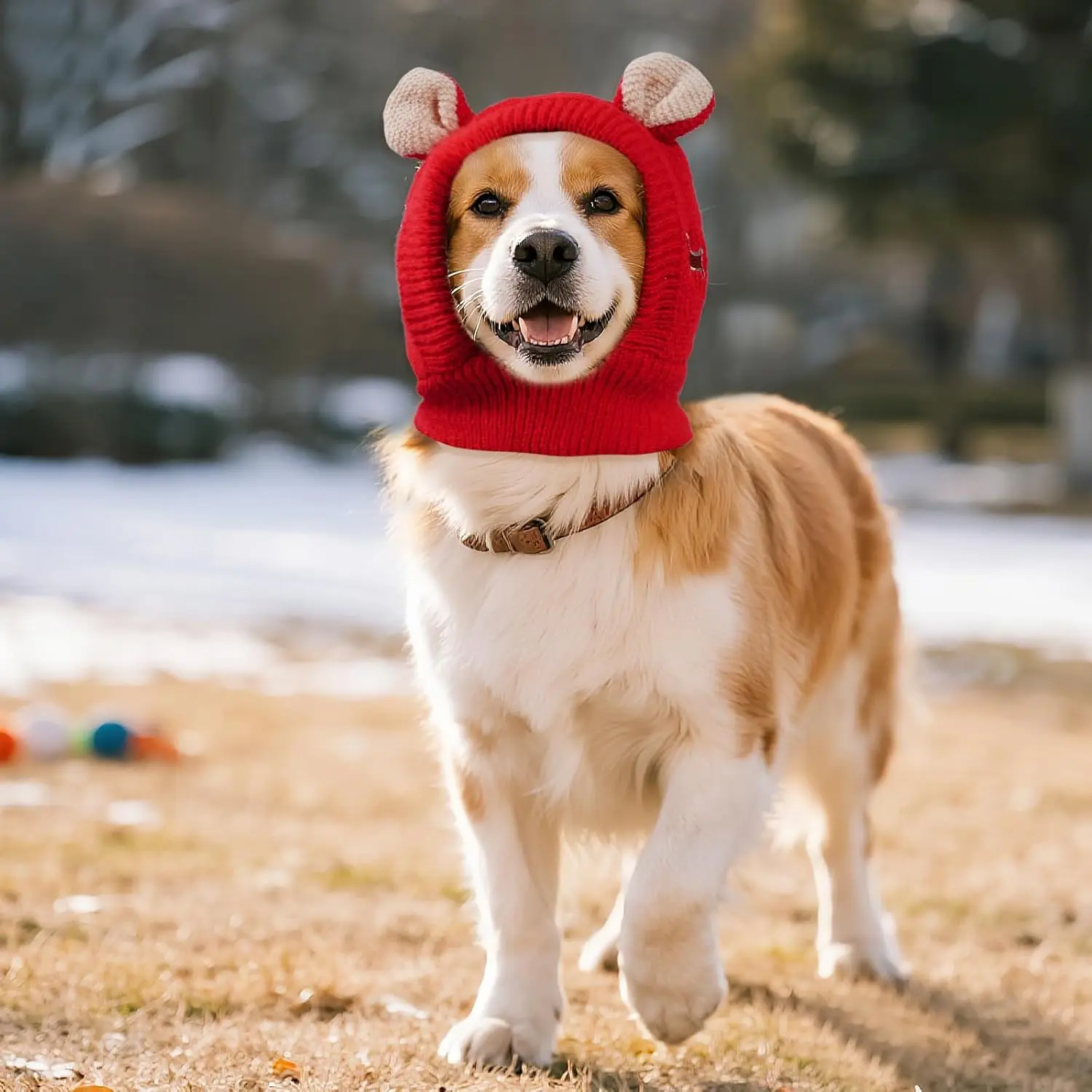 Dog Ear Muffs Noise Protection Knitted Hats Pet Neck Ear Warmer for Winter Knitted Cap for Anxiety Calm Down for Dog Cat view 5