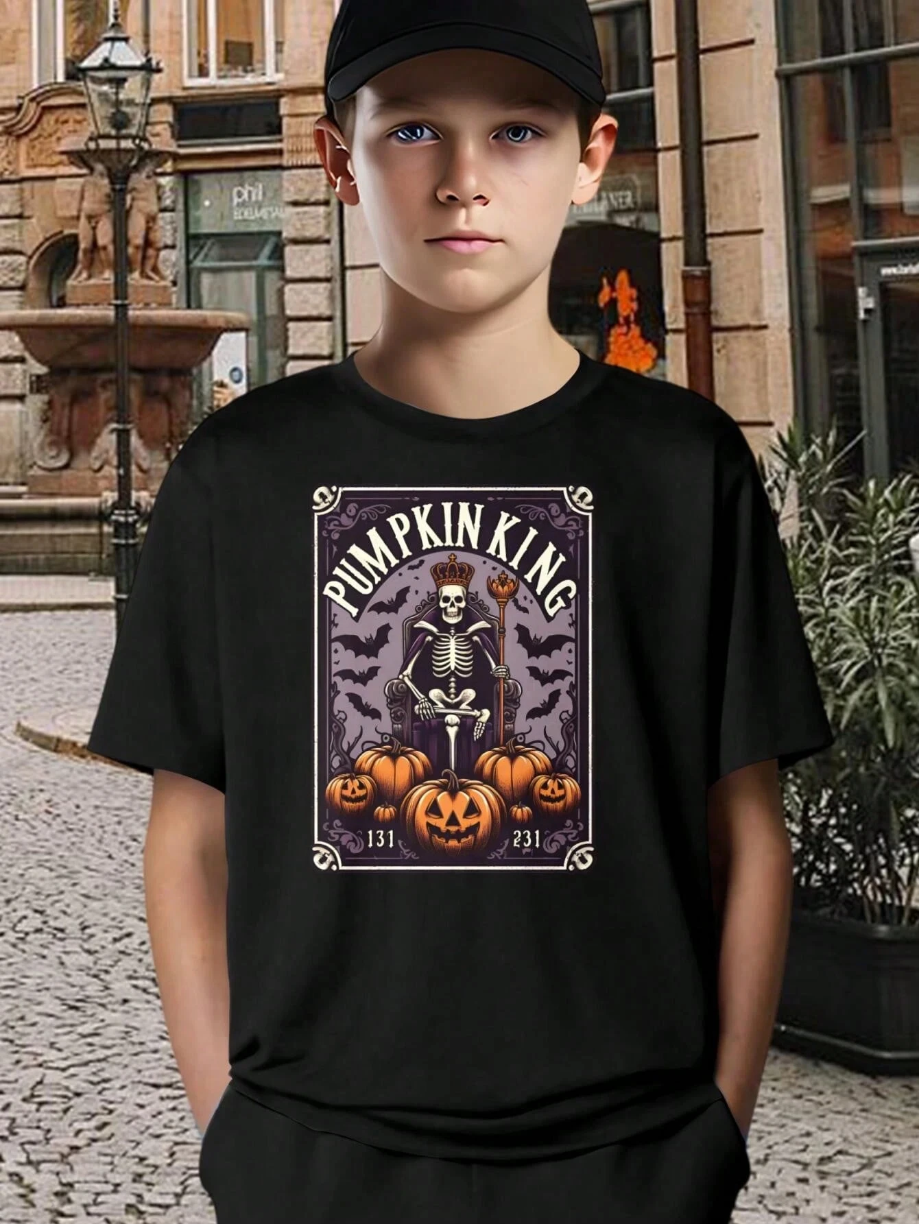 Gruseliges Skelett Halloween Kürbis König Print T-Shirt Kurzarm T-Shirt Sommer Mädchen Jungen Shirt Casual Tops Rundhalsausschnitt Kleidung