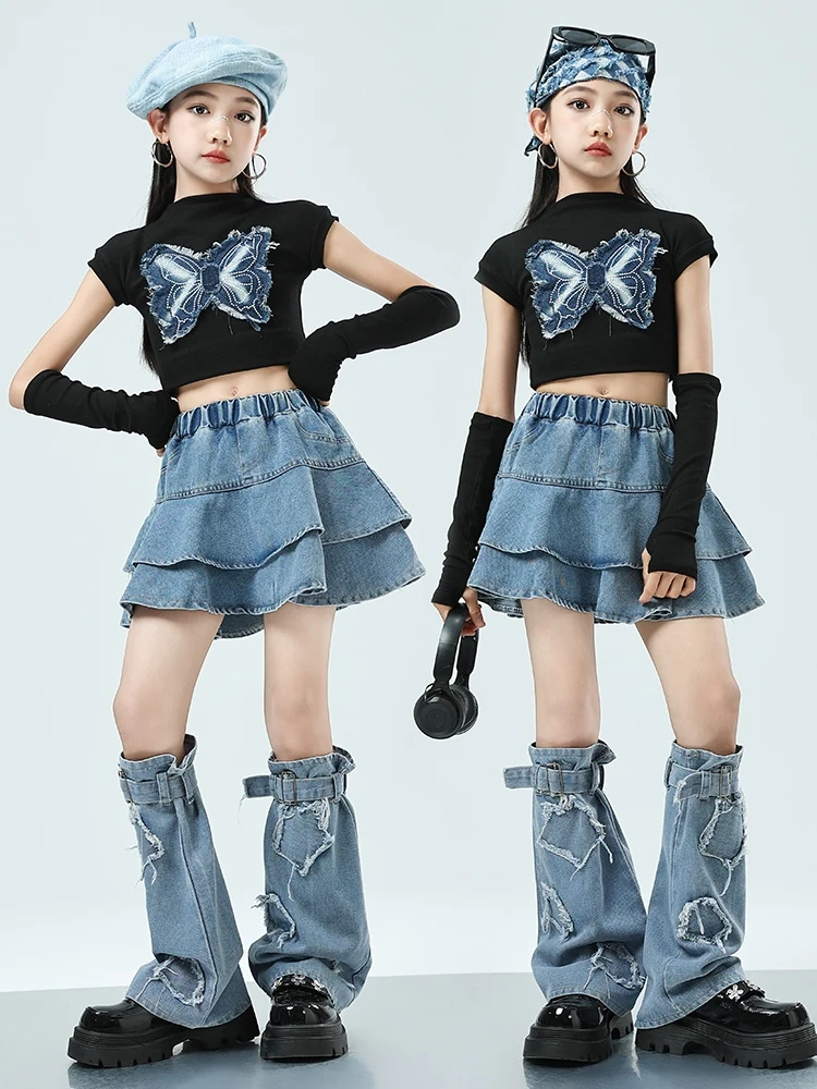 Children Jazz Dance Costume Girls Hip Hop Street Dance Performance Clothing Denim Skirt Crop Tops Catwalk Concert Suit BL13207