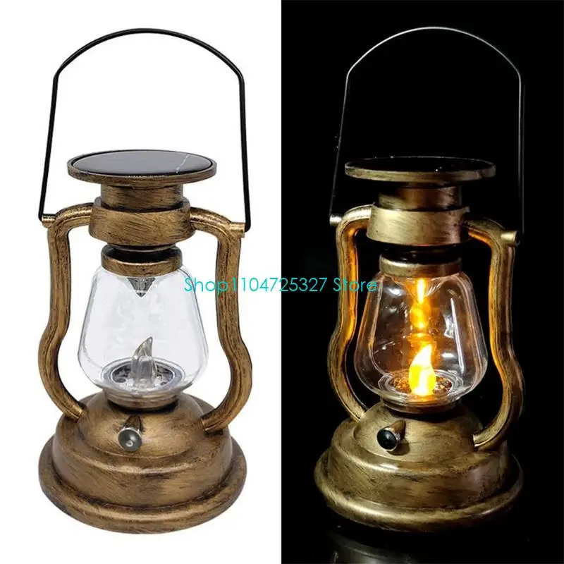D8KF Vintage Lantern Solar Powered Hanging Light Rainproof Retro Antique LED Oil Lamp for Garden Tree Table