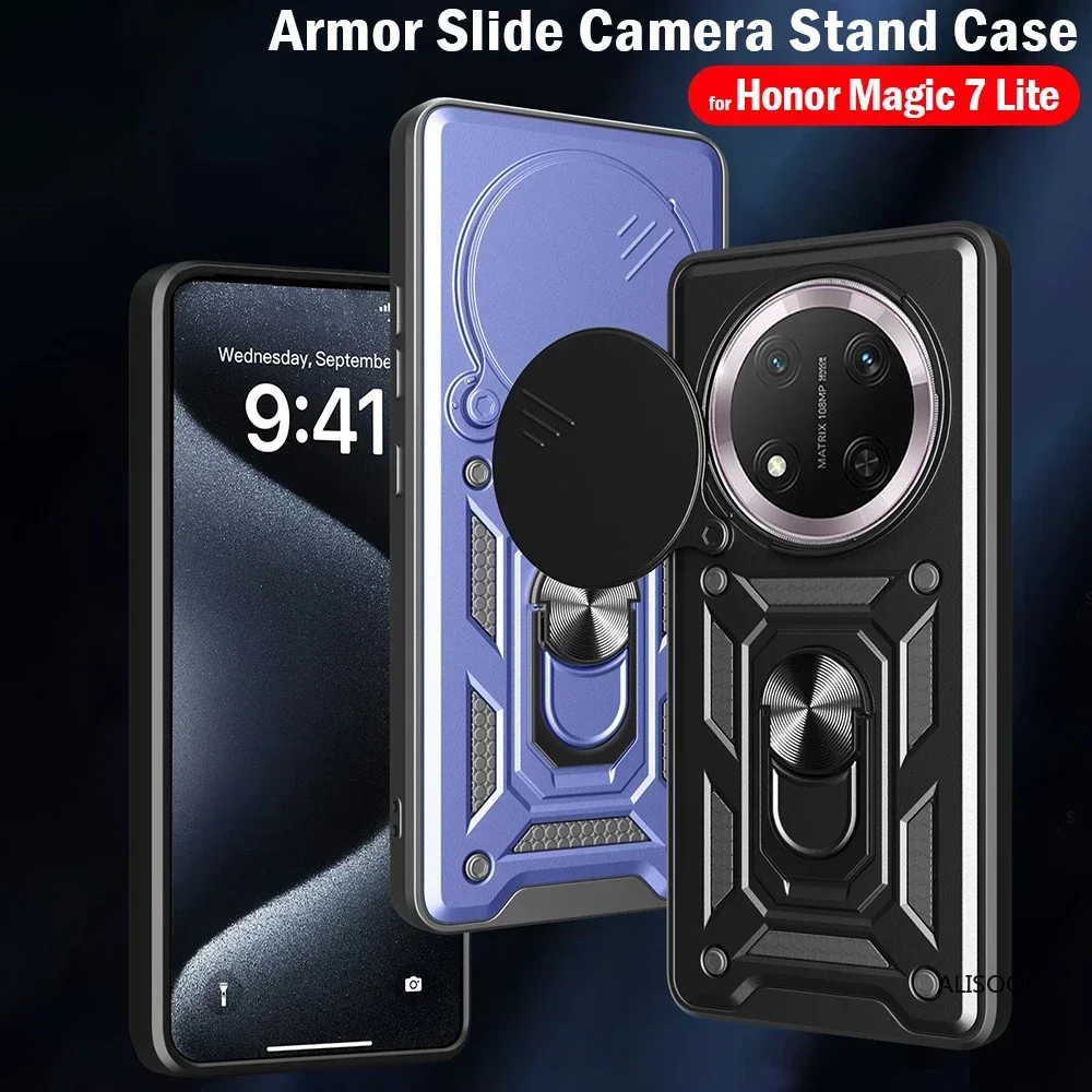 Armor Case for Honor Magic 7 Lite Magic7 Pro X9C 5G Cover Slide Camera Lens Protection with Ring Stand Coque Fundas Capa