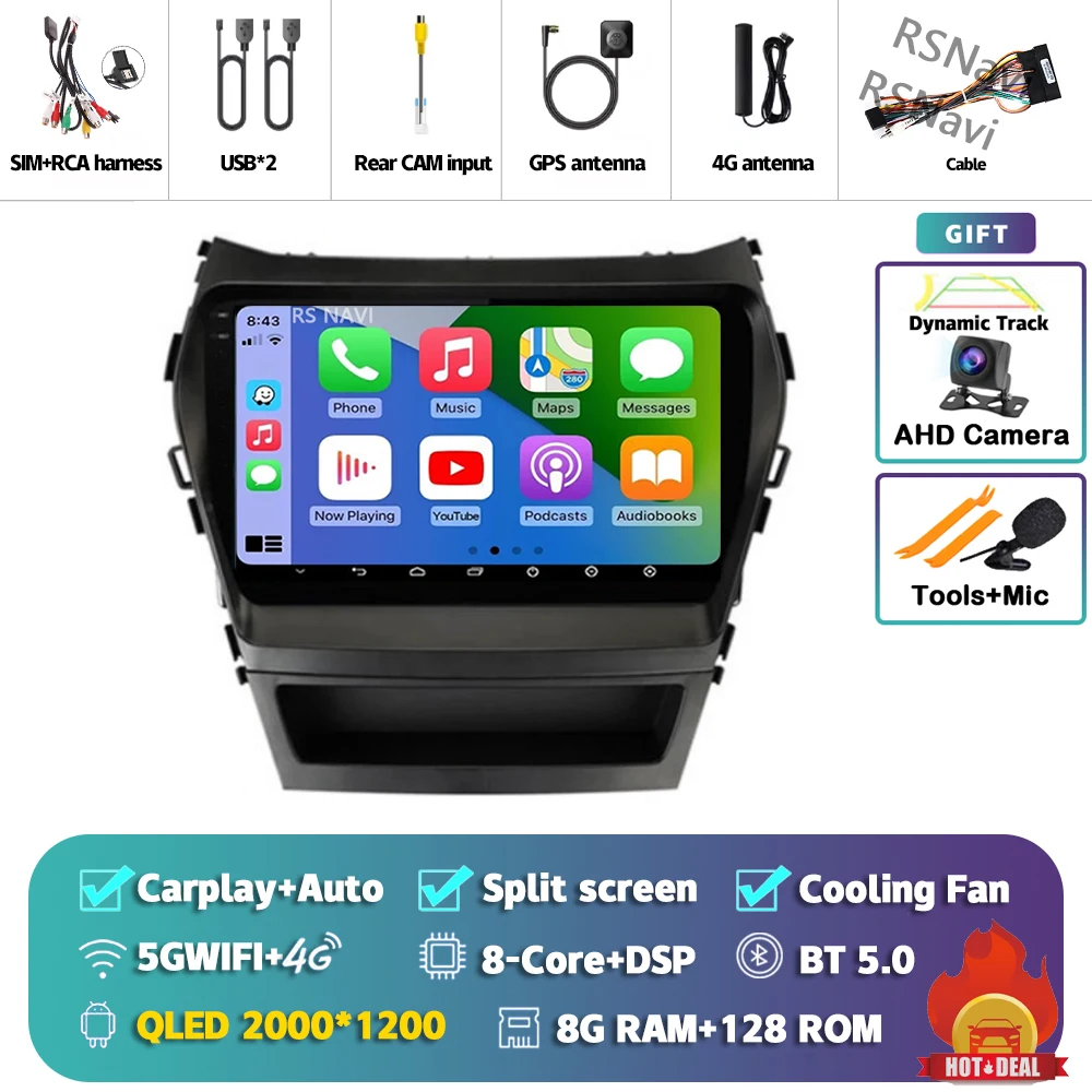 Android 15 Carplay Auto 2K Scherm Autoradio Multimedia Speler voor Hyundai Santa Fe 3 2013 - 2016 Autoradio GPS Stereo Head Unit